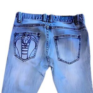 Broken Promises Skinny Jeans Ripped Snake Embroidered Pocket Sz 29 Skater Grunge